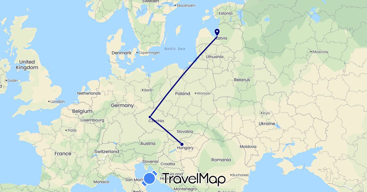 TravelMap itinerary: driving in Czech Republic, Hungary, Latvia (Europe)